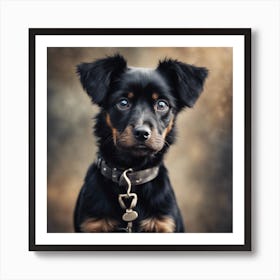 Front Facing Adorable Little Black Dog With Big Eyes, Dry Brush Watercolor Art, Soft, Wispy, Brush S Art Print