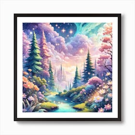 A Fantasy Forest With Twinkling Stars In Pastel Tone Square Composition 367 Art Print