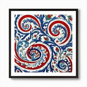 Red Blue And White Swirls Iznik Turkish Pattern Flora 3 Art Print