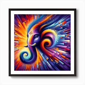 "Radiant Divinity: Lord Ganesha in Cosmic Bloom" - This vibrant depiction of Lord Ganesha is a fusion of spirituality and cosmic wonder, portrayed in an explosion of vivid colors and dynamic strokes. Symbolic of wisdom, prosperity, and the removal of obstacles, Ganesha's visage is rendered in a swirl of blues and purples, set against a backdrop of fiery oranges and yellows that suggest a universe bursting with endless possibilities. This striking artwork is a celebration of divine energy and joy, perfect for uplifting any space with its exuberant hues and spiritual significance. It's an ideal choice for those who appreciate both the traditional aspects of Ganesha and the boundless creativity of modern art. Art Print