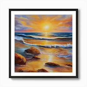 The sea. Beach waves. Beach sand and rocks. Sunset over the sea. Oil on canvas artwork.13 Art Print