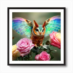 owl with Glasswinged butterfly colors, Chameleon roses  3 Art Print