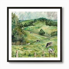 The Farmers Field at the Old Farmhouse - Cows in the Pasture Watercolor Art Print~ Americana Vintage Wholesome Art Decor | Dreamy Idyllic Art Print