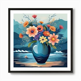 Vase With Flowers Decorated With Seascape, Blue, Yellow And Orange Art Print