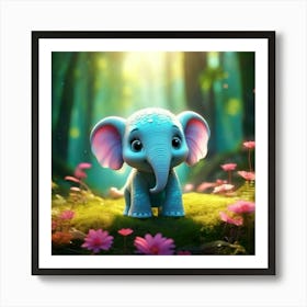 Firefly 3d, Animated, Cute, Little, Round, Turquoise, Elephant, Baby, Forest, Pink Flowers, Whimsica 1 Art Print