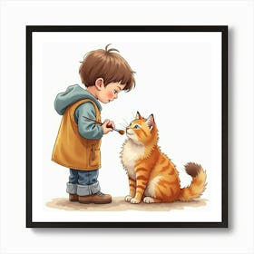 Watercolor Painting Of A Child Brushing A Fluffy Maine Coon Cat Art Print