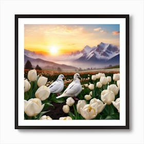 Doves In White Tulips Art Print