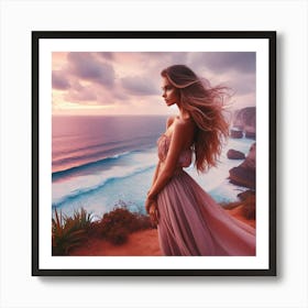 Beautiful Woman On The Beach At Sunset Art Print