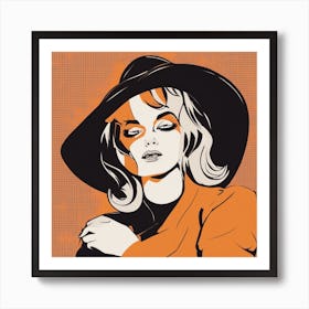 A Silhouette Of A Woman Wearing A Black Hat And Laying On Her Back On A Orange Screen, In The Style (6) Art Print