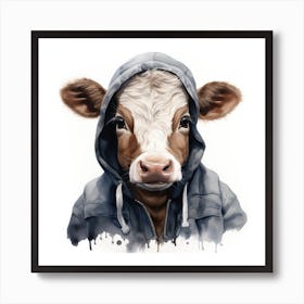 Watercolour Cartoon Cattle In A Hoodie 1 Art Print