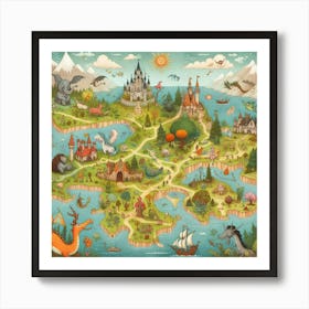 Charming Illustrated Map Of Imaginary Lands With Whimsical Creatures And Landmarks, Style Illustrated Map Art Art Print