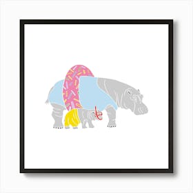 Hippos With Pool Donut Ringo And Snorkel, Fun Safari Animal Print, Square Art Print