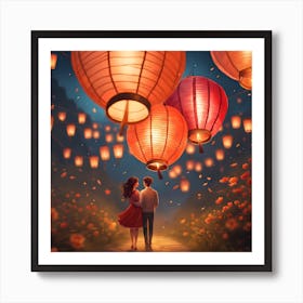 Couple Holding Lanterns Art Print