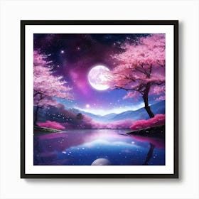 Cherry Blossoms In The Moonlight Art Print