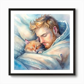 Man Sleeping With A Cat Art Print