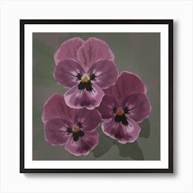 Three Lilac Viola Flowers With Green Leaves On A Dark Green Background 1 Art Print