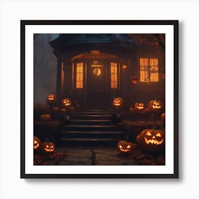 Halloween House With Pumpkins Art Print