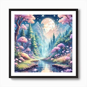 A Fantasy Forest With Twinkling Stars In Pastel Tone Square Composition 107 Art Print