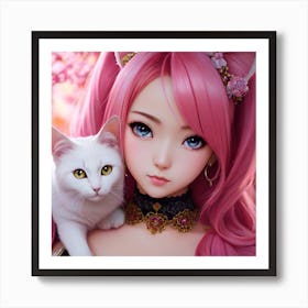 Kawaii anime portrait Sakura with cat Art Print