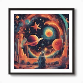 A Retro Style People Space, With Colorful Exhaust Flames And Stars In The Background 1 Art Print