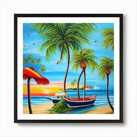 Beach Scene With Palm Trees 4 Art Print