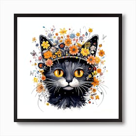 Black Cat With Flowers Art Print