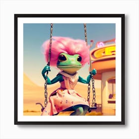 Retro Frog Girl On Swing Art Print