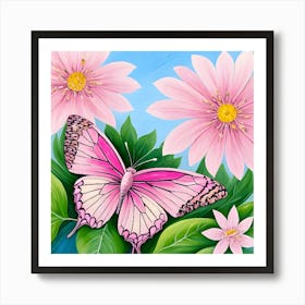 Butterfly And Flowers Abstract Art Print