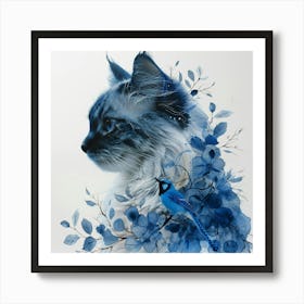 Blue Cat And Bird Art Print