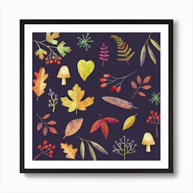 Autumn Leaves Forest Floor Dark Watercolor Art Print