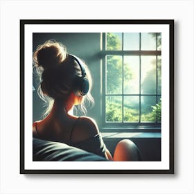 Peaceful Music Moment Wall Art: A Serene Scene of a Woman with Headphones Relaxing by a Window for Calm and Inspiring Home Decor Print Art Art Print