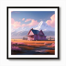 A Quaint Pink House Situated In A Vast Open Field With The Majestic Snow Capped Peaks Art Print