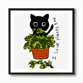 Cat black loves Potted Plant Art Print