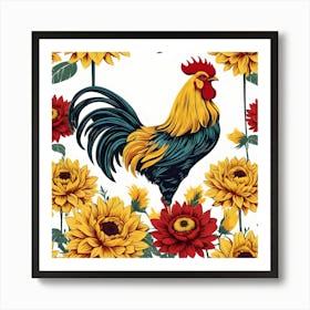Rooster With Chrysanthemums, Yellow, Blue and Red Art Print