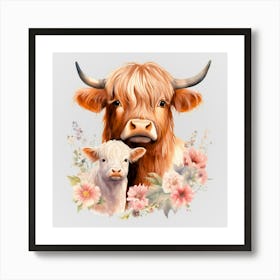 Watercolor Spring Mama And Baby Highland Cows Poster