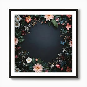 Floral Wreath On Black Background Art Print