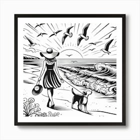 Line Art lady with a dog on the beach 1 Art Print