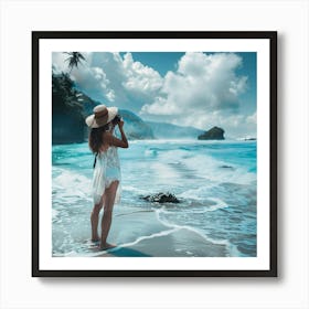 Woman Taking A Photo On The Beach Art Print