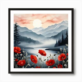 A Serene Mountain Landscape Framed By Vibrant Red Poppies Art Print