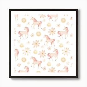 Pink Unicorns And Flowers Art Print