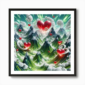 3 Dimensional Mountains With Multiple Green Lightning And White Swirls In A Vortex Of 3 Red Hearts Art Print