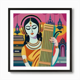 Indian Woman Playing A Sitar Art Print