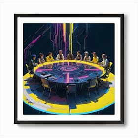 Group Of People Around A Futuristic Round Table, Glowing Lines Above Art Print