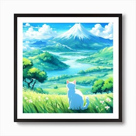 Cat Looking At Mt Fuji Art Print