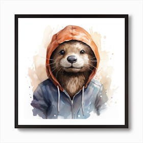 Watercolour Cartoon Otter In A Hoodie 2 Art Print