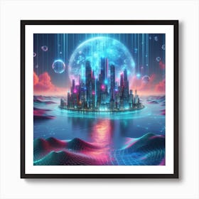 Floating Metropolis: A Holographic Reflection of Reality Art Print
