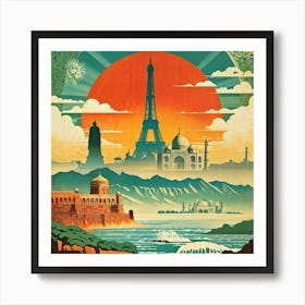 A Vintage Travel Poster Features A Collage Of Major Historical Landmarks From Different Continents (5) Art Print