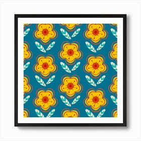 Abstract Retro 70s Flower Pattern Golden & Peacock Blue Art Print