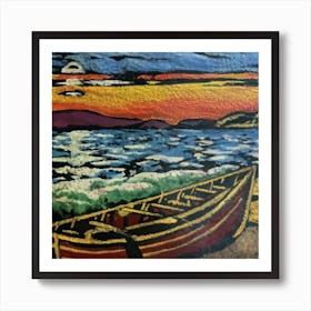 Oil painting of a boat in a body of water, woodcut, inspired by Gustav Baumann Art Print