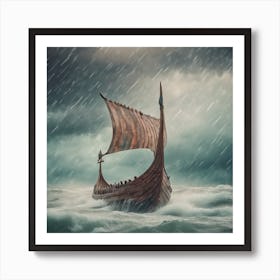 Viking Ship In Stormy Sea 3 Art Print